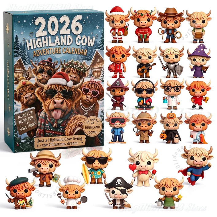 Advent Calendar Gift - 2026 Highland-Kuh-Adventskalender, 24-Tage-Weihnachts-Countdown-Kalender, Mini-Highland-Kuh-Figur, Weihnachts-Adventsgeschenk