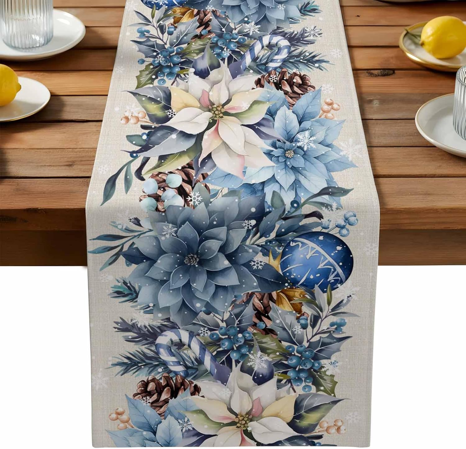 Christmas Table Runner - Weihnachten Blauer Weihnachtsstern Ball Beere Leinen