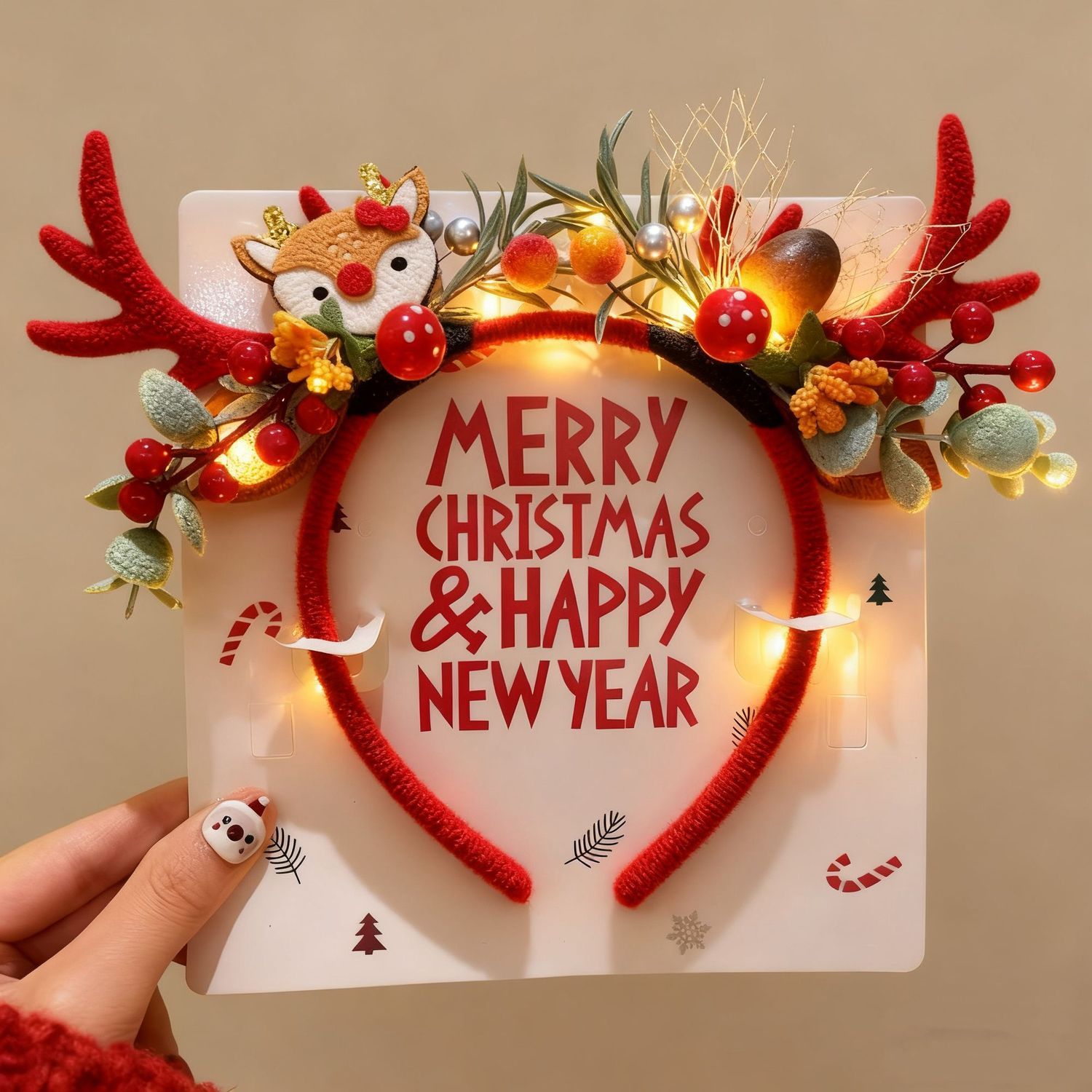 Reindeer Antlers Headband - Weihnachts-Rentiergeweih-Stirnband mit LED-Beleuchtung, roter Plüsch-Weihnachts-Haarreif mit